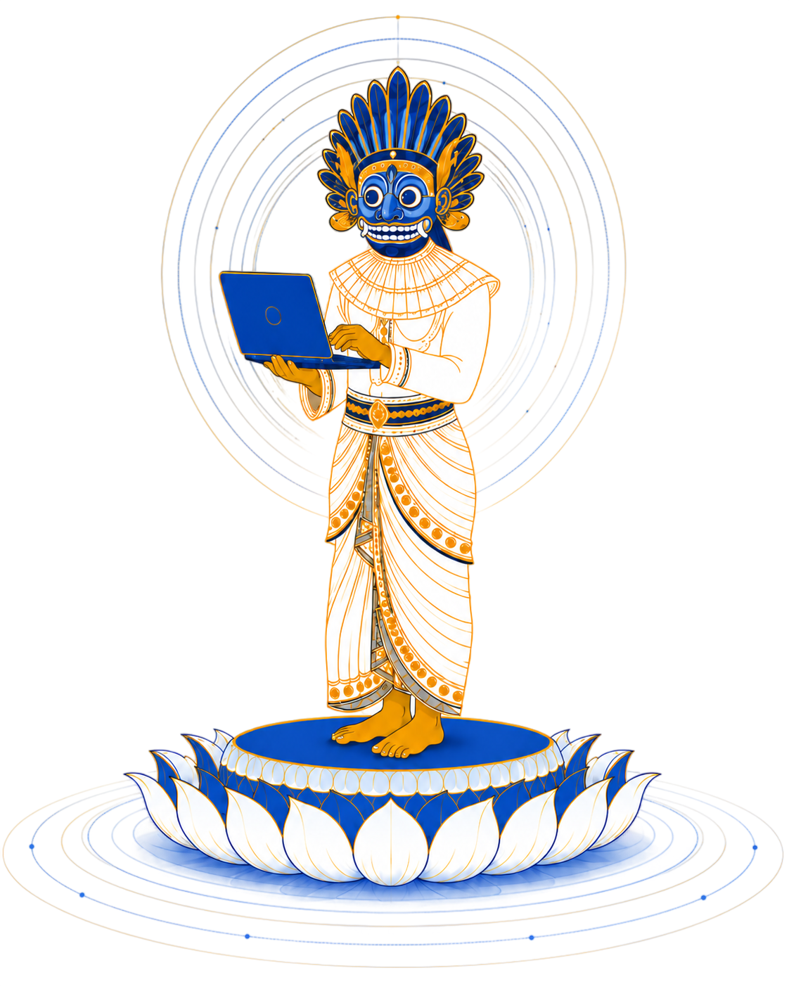 Wes Muna inspired figure using a laptop in blue and gold tones