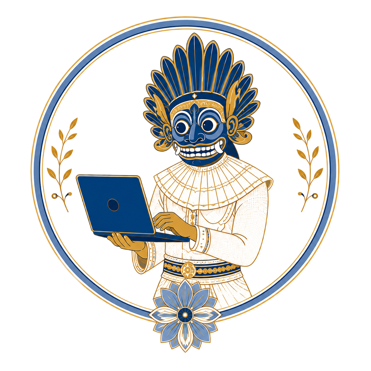 Circular Wes Muna inspired figure using a laptop in blue and gold tones